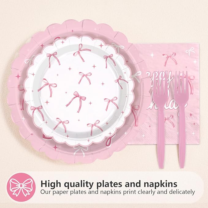 96Pcs Pink Bow Party Supplies Coquette 11th Birthday Party Plates and Napkins Disposable Bow Themed Tableware Set for Girl Happy 11th Birthday Baby Shower Decorations, Serves 24