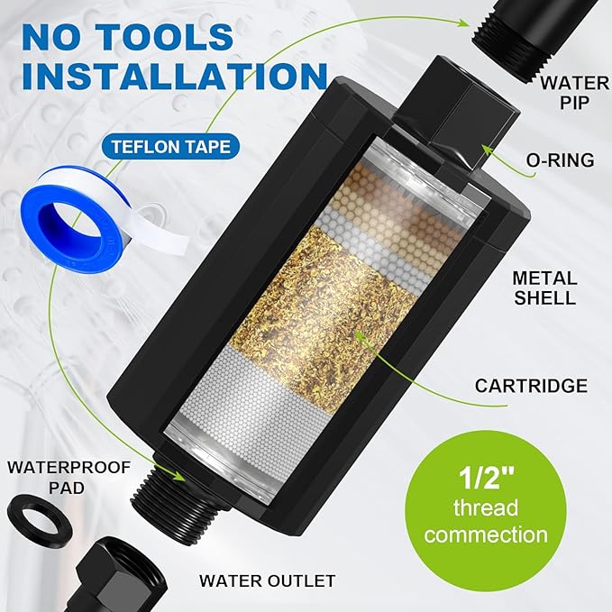 ALL METAL Shower Head Filter – KDF 55 Shower Filter Vitamin C E&A for Hard Water, High Pressure Universal Shower Water Filters to Remove Toxic Chemicals – Removes Chlorine and Heavy Metals,Black