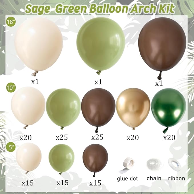 Sage Green Brown Safari Balloons Garland Arch Kit, 161 PCS Dusty Olive Green Coffee Sand White Chrome Gold Balloons for Jungle Safari Baby Shower Hunting Birthday Party Decoration