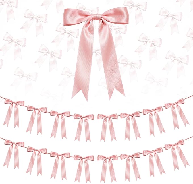 2 Strings Dusty Pink Bow Garland Banner Decorations, 16Pcs Pre-Strung Satin Ribbon with 6.7ft Chain for Girls Ribbon Bow Banner Coquette Room Birthday Baby Shower Bachelorette Wedding Party Decor
