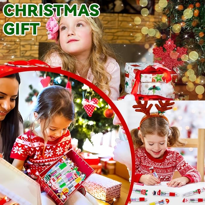 24PCS Christmas Multicolor Ballpoint Pens 4 Colors in 1, Retractable 0.7mm Cartoon Cute Fun Pens Santa Snowman Writing Pens for Holiday Party School Supplies Students Rewards