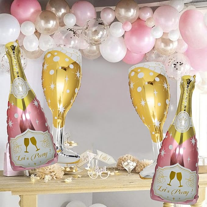 4 Pcs Champagne Balloons, Huge Rose Gold Champagne Bottle Goblet Aluminum Foil Balloons for Birthday, Bachelorette, Bridal Shower, Wedding, Anniversary, Engagement Party Decorations Supplies
