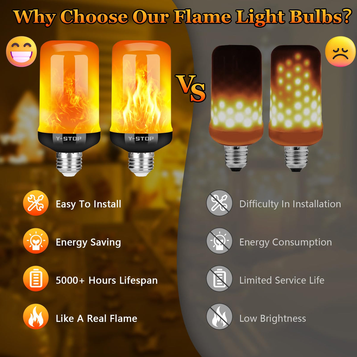 Y- STOP Upgraded Flame Light Bulbs, 4 Modes Flickering Light Bulb Outdoor with Upside Down Effect, E26 Base Flame Bulb for Christmas Decorations Outdoor, Halloween Lights, Party Decor (2 Pack)