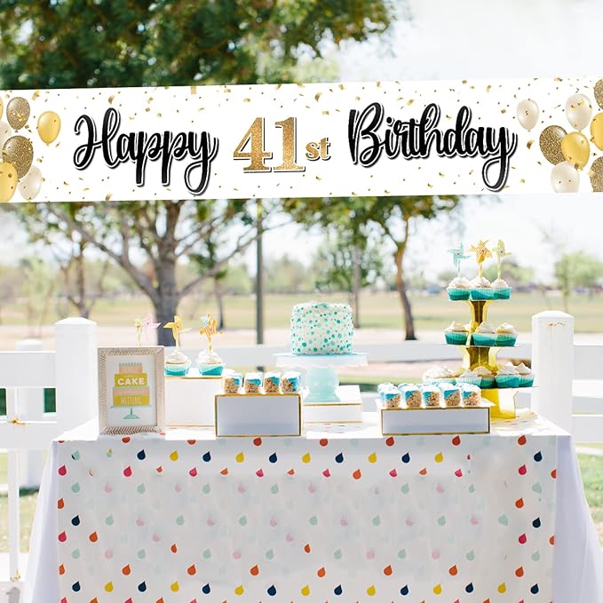 Happy 41st Birthday Decorations,41st Gold Balloon Large Birthday Hanging Banner Sign,41 Years Old Bday Party Supplies.
