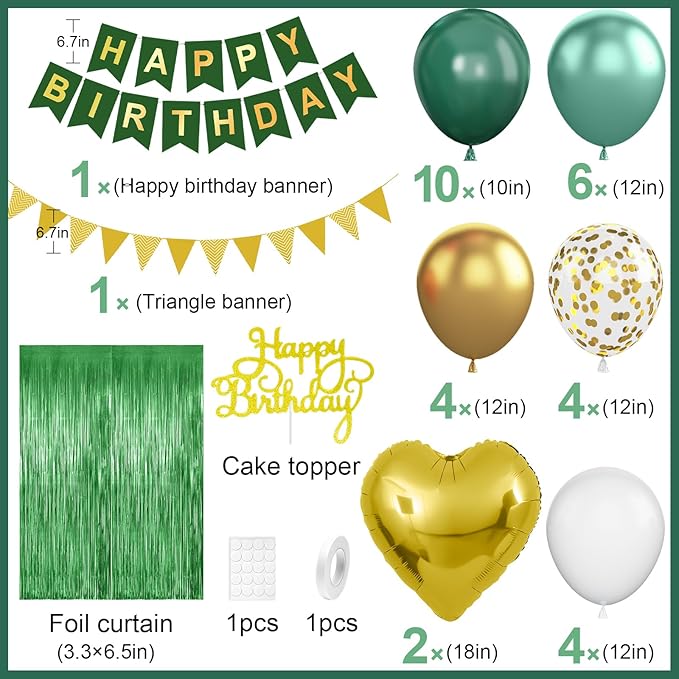 Green Birthday Decorations,Happy Birthday Banner Emerald Green and Gold Balloons Fringe Curtain Heart Foil Balloons for Women Men Party Decor