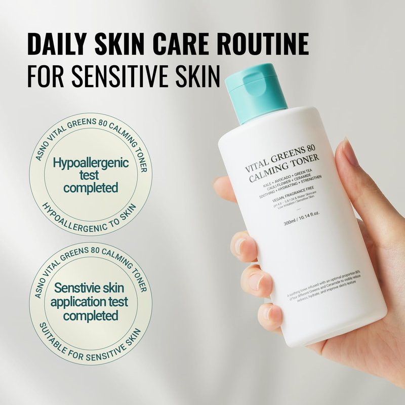 ASNO Vital Greens Calming Toner 300ml - Genderless Vegan Soothing Care for Acne, Pimple, Redness, Sensitive Skin, Superfood 80% + Ceramide, Hydrating Daily Facial Toner, Korean Skin Care