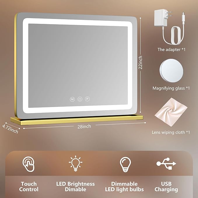 Vanity Mirror with Lights, 28" x 22" LED Makeup Mirror, Lighted Makeup Mirror with 10X Magnification,Dimmable 3 Modes, Touch Screen Control Vanity Mirror Round Gold