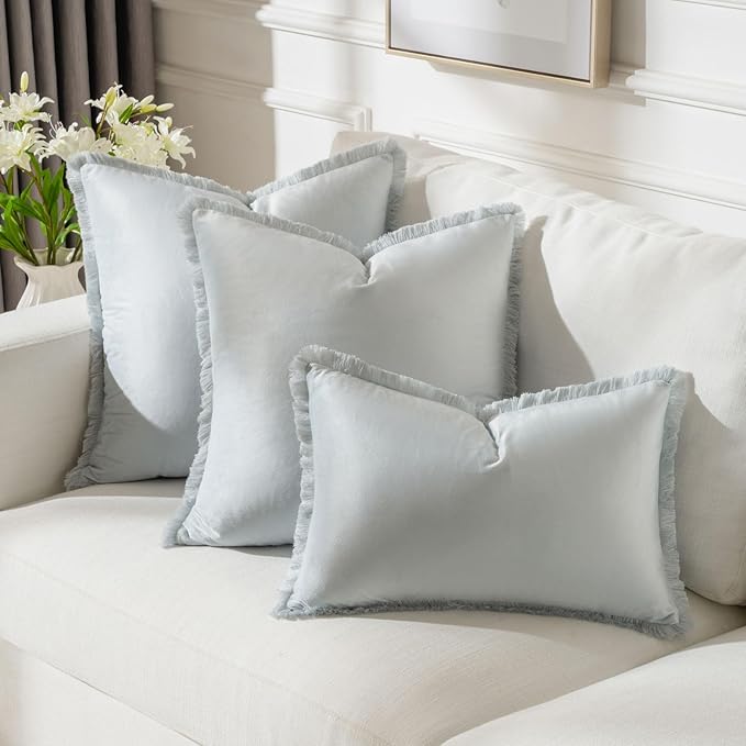 FUTEI Light Blue Velvet Decorative Throw Pillow Covers 20x20 Set of 2,Soft Cozy Edge with Tassels Cushion Case,Boho Modern Home Decor for Couch Bed Living Room