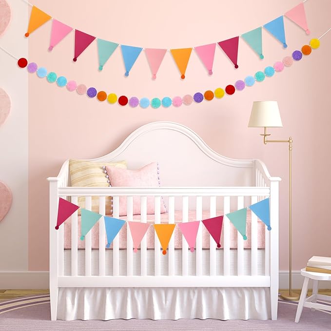 4 Pack 26.3 Feet Colorful Pom Pom Garland Felt Bunting Banner Hanging Decor, Rainbow Ball Decoration for Easter Christmas Tree Classroom Back to School Birthday Party Decorations