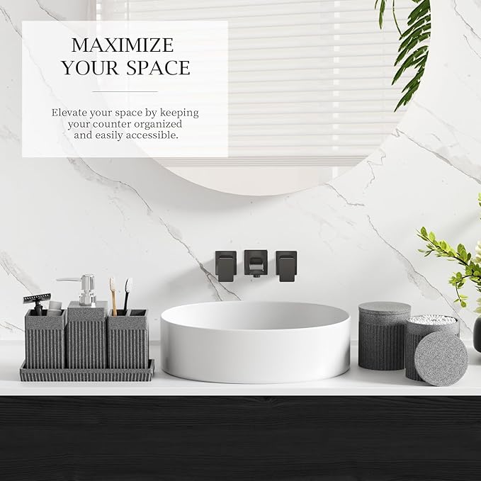 6-Piece Bathroom Set Grey - Stone Textured Resin Bathroom Organizer with Soap Dispenser, Toothbrush Holder, Vanity Tray, Tumbler & Cotton Swab Jars for Small Spaces