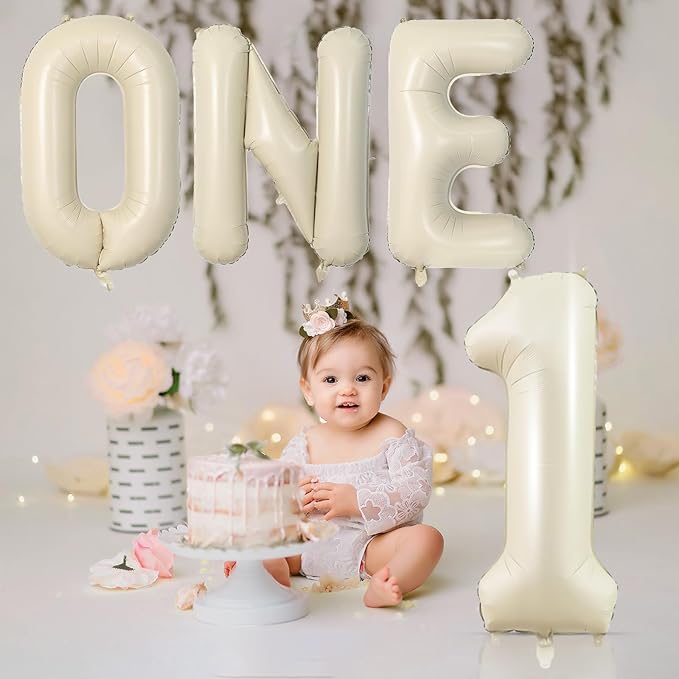Cream Letter ONE Balloons,40 Inch Number 1 Balloon Beige for Baby Shower Gender Reveal Backdrop Party Decorations