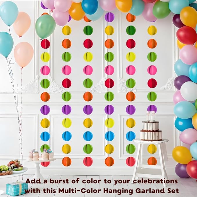 3D Circle Paper Garland 54 Ft | 6 Pc Wall Hanging Colorful Rainbow Streamers | Birthday Party Baby Shower Wedding Christmas New Year Decor | Festival & Holiday Backdrop Decoration | Multicolor