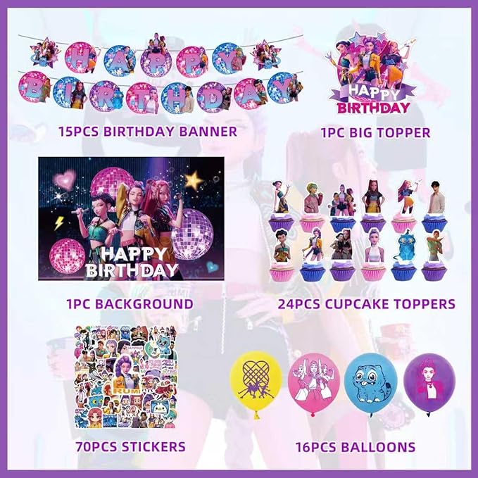 127 Pcs Demon Hunters Birthday Decorations, Party Supplies Kit with Backdrop, Banner, Cake Topper, Cupcake Picks, Balloons, Stickers for Themed Celebration