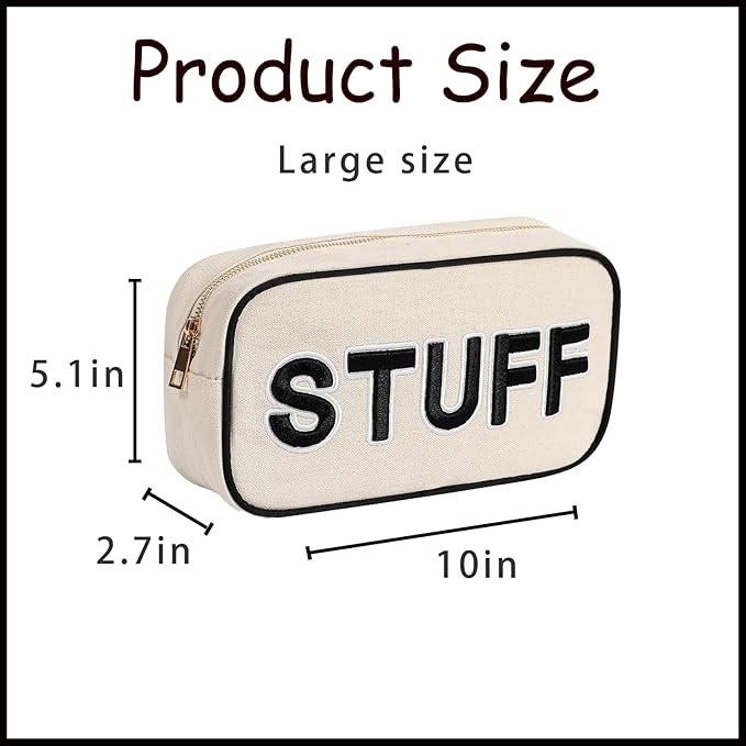 uekeboag Canvas Chenille Letter Stuff Makeup Bag,Small Travel Washable Organizer Bag for Purse with Zipper, Cute Personalized Preppy Cosmetic Bag For Women and Girls(01Black-Stuff)