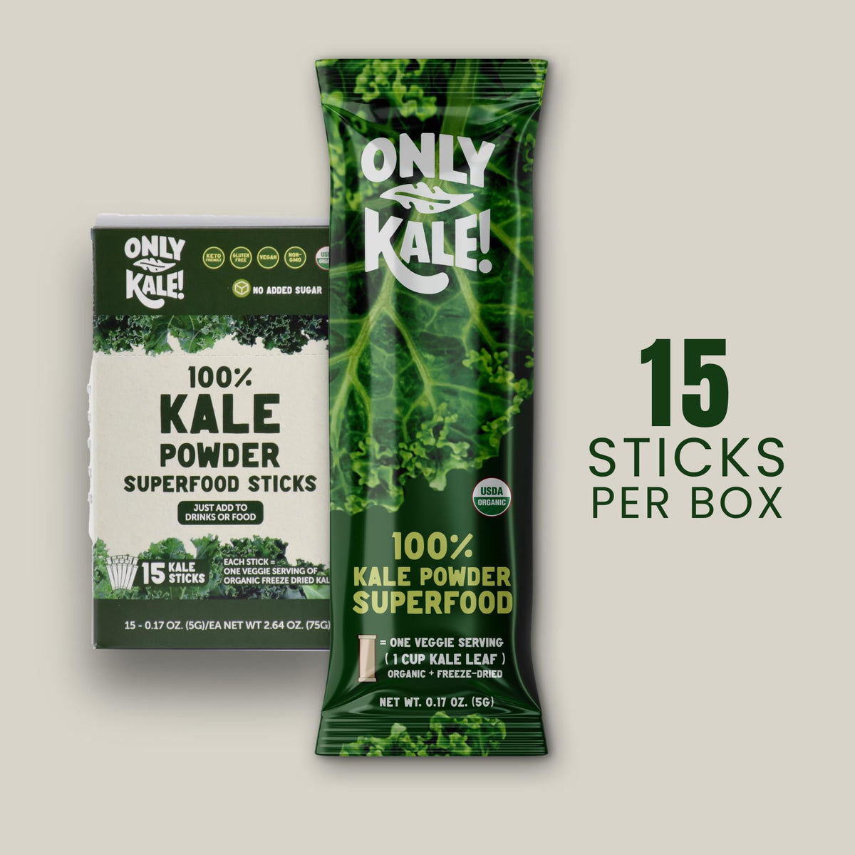 OnlyKale™ Kale Powder - 1 Month Supply (15 Sticks) - Organic Green Superfood - USDA Organic, Clean Greens for Smoothies & Juices, Single-Serving Sticks