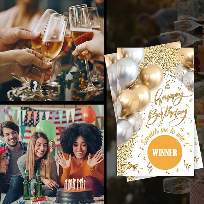 Haizct 50 Pack White Gold Birthday Party Scratch Off, Gold White Glitter Balloons Scratch Card for Birthday Partys Lottery Group Game Party Raffle Tickets, Bridal Shower Bachelor Game