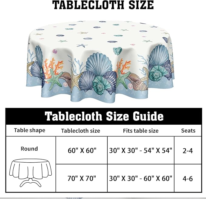 Summer Nautical Coastal Round Tablecloth 60 Inch Coral Shells Starfish Circle Table Cloth Blue Table Cover Washable Polyester Decorations for Kitchen Dinning Room Party