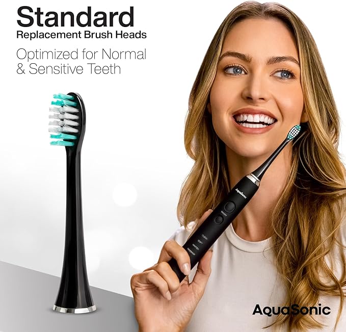 AquaSonic Standard Replacement Brush Heads | ADA Accepted | for Normal & Sensitive Teeth | Compatible with Many AquaSonic Toothbrush Handles (8 Pack Black)