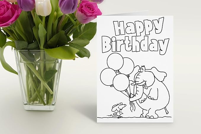 Stonehouse Collection | Kids Color-In Birthday Greeting Cards | Elephant Holding Balloons Design | Fun DIY Cards for Children to Personalize & Color Color Card and Envelopes (Balloons)