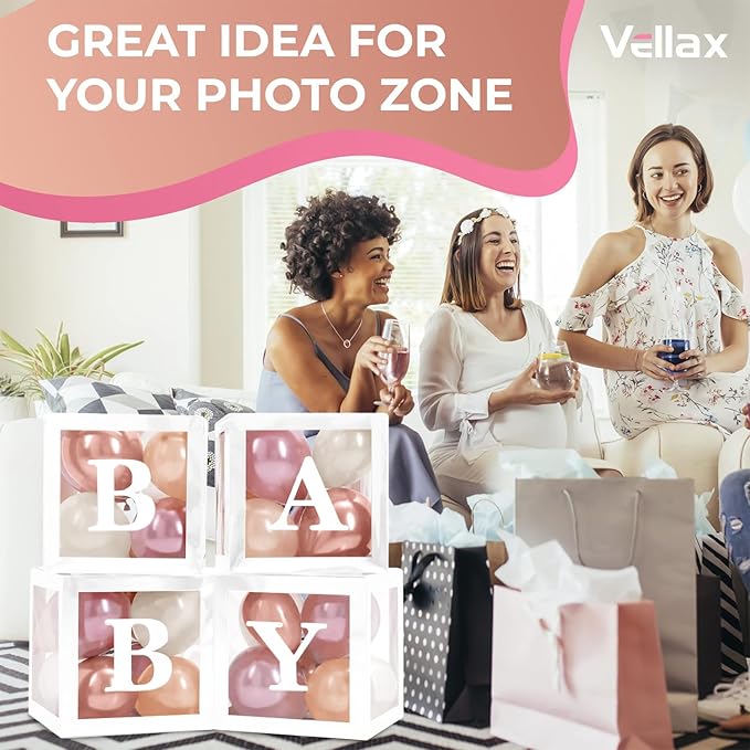 Baby Shower Boxes with Letters – White Boxes with Rose Gold, Dusty Pink, Sand & White Balloons – 44-Piece Gender Reveal & Party Decoration Set by Vellax