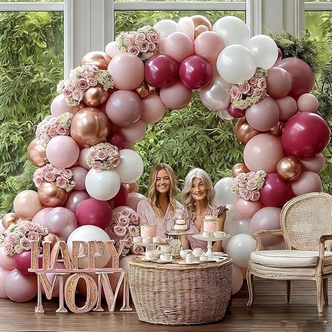 Dusty Rose Pink Balloon Garland Double Stuffed Dark Pink Mauve Pearl White Latex Balloons Blush Cream Balloon Arch Kit for Birthday Bridal Baby Shower Wedding Mother's Day Party Decorations