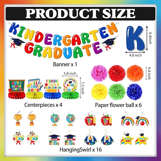 Kindergarten Graduation Decorations Set, Congrats Grad Decor Kit - 27 PCS with Banner, Pom Poms, Hanging Swirls & Centerpieces, Class of 2026 Party Supplies