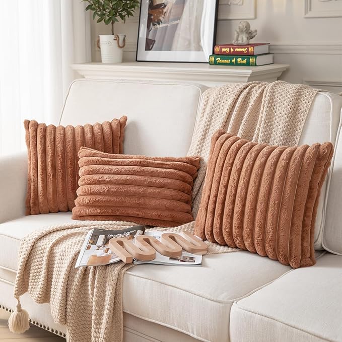 DEELAND Pack of 2,Double-Sided Faux Fur Plush Decorative Throw Pillow Covers Fuzzy Striped Soft Pillowcase Cushion Covers for Sofa Couch Bedroom Brown 24x24 inch