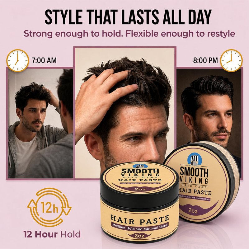 Smooth Viking Hair Paste for Men - Natural Matte Styling Paste for Textured Messy Hairstyle Hair Cream, Hair Styling Cream with Minimal Shine & Medium Hold Hair Products for Men, Made in USA, 2oz