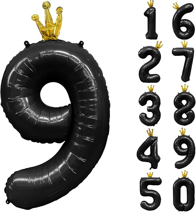 Black Number 9 Balloon with Crown, 40 inch Black Number Balloon 9th Birthday Party Decoration black Crown Balloons 0-9 for Birthday Party Anniversary Decorations Supplies