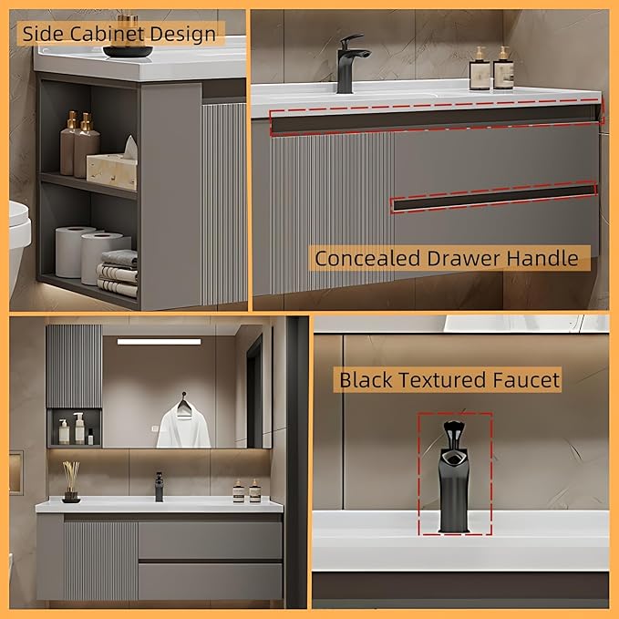 52IN Suspended Bathroom Cabinet Combo Set - Fully Functional LED Mirror with Smart Defogging & Time Display | Bathroom Vanity with Sink,Side Cabinet Storage Compartment (Style A)
