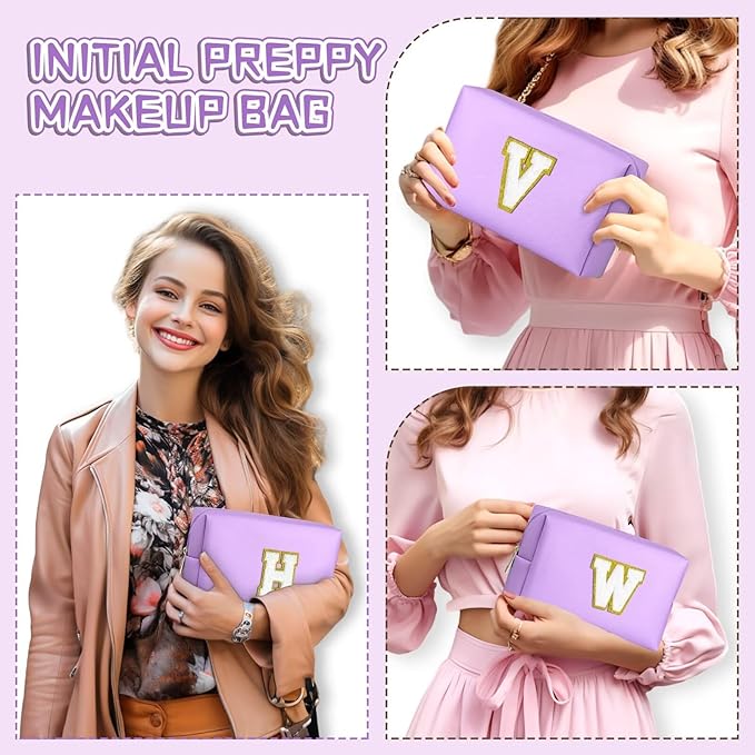 TOPEAST Initial Makeup Bag for Travel, Chenille Letter Pouch Cosmetic Bag, PU Leather Waterproof Toiletry Bag, Personalized Gifts for Bride Bridemaids, Cute Things for Girls (Purple Q)