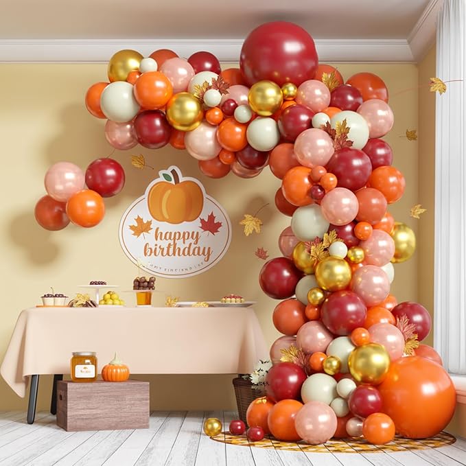 FunHot Thanksgiving Balloon Arch Kit, Fall Balloon Garland Kit with Orange Burgundy Yellow Pearl Rose Gold Metallic Gold Balloons for Baby Shower Wedding Anniversary Fall Thanksgiving Party Decoration