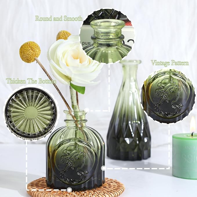Glass Bud Vases Set of 5, Mini Flower Vase for Centerpieces, Small Clear Vases in Bulk for Wedding Decorations, Vintage Vase for Table, Recepetion, Home Décor (Green)