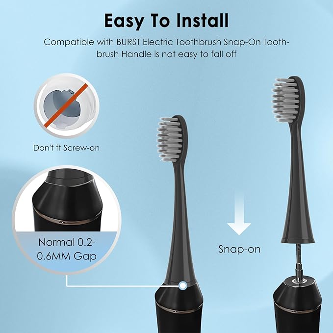 Toothbrushes Replacement Heads Compatible with Burst Sonic Electric Toothbrushes, Two-Color Set (Black, White), 6-Pack