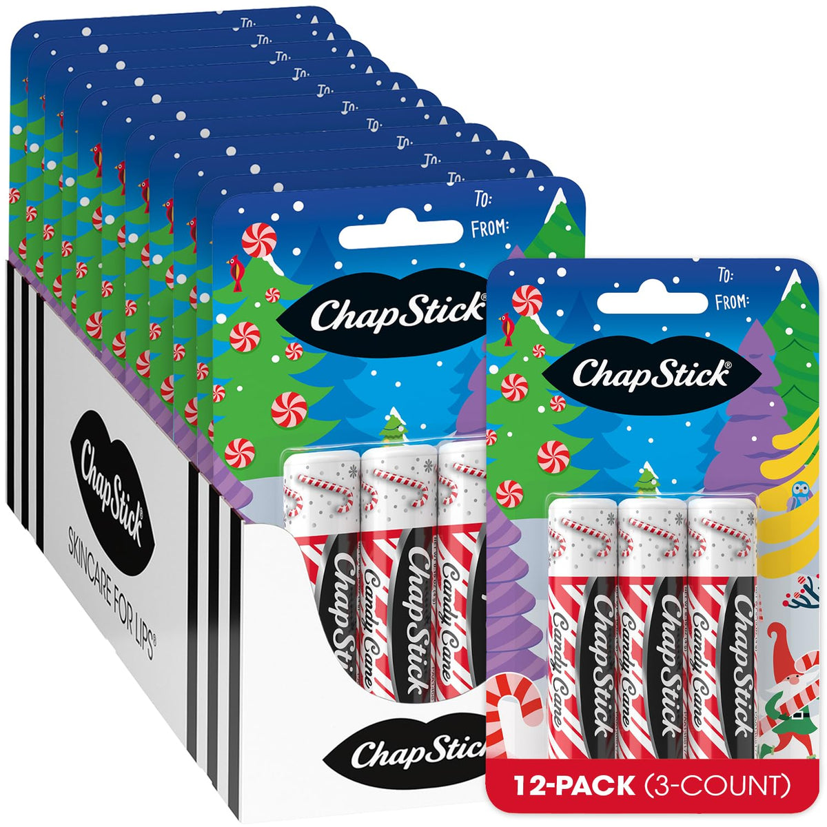 ChapStick Bulk Lip Balm, Candy Cane, 36-Count (12 Packs of 3) – Fresh & Minty Lip Moisturizer, Stocking Stuffer, 0.15 Oz Ea