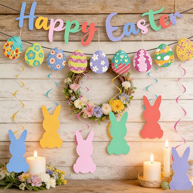 Happy Easter Banner Egg Garland with Bunny Hanging Swirl and Accessories Easter Party Decorations Set for Home Office Mantle Fireplace Indoor Outdoor Classroom Decorations