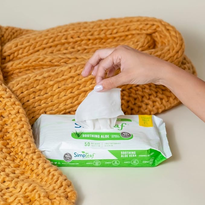 Simpleaf Flushable Wet Wipes Aloe Vera | Plastic Free, Paraben & Alcohol Free | Hypoallergenic & Safe for Sensitive Skin | Soothing Aloe Formula | Adult Toilet Wipes (6 x 50 Counts Pack) 300 Counts
