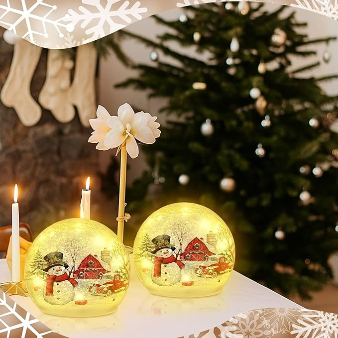 2 Pcs Christmas Decorations Indoor Snowman Crackle Glass Globe 4" Ball Lamp Night Lights with LED Timer Battery Operated Lighted Christmas Table Decorations for Home Centerpiece Party Gift