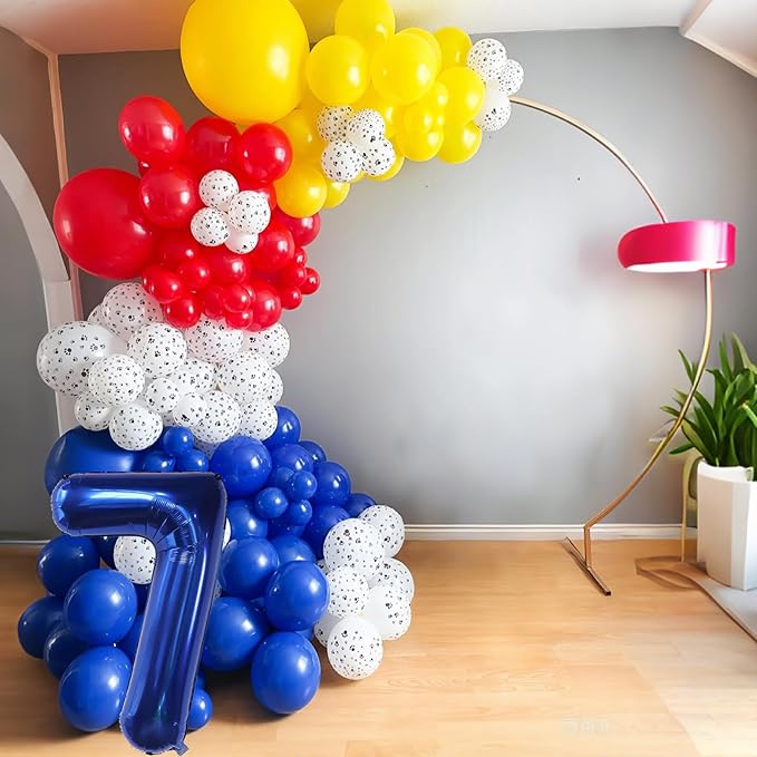 8th Birthday Decorations Boy, Dog Paw Eight Years Old Party Arch with Red Blue Yellow Long Latex Balloons 40 inch Number 8 Balloon and Star Foil for Paw Birthday Party Supplies