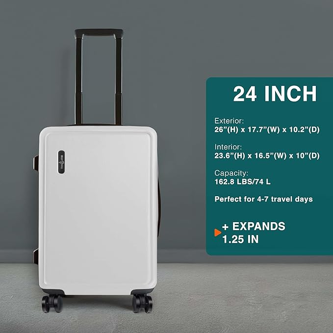 TRAVELARIM 24 Inch Luggage with Spinner Wheels, Hard Shell Suitcase with TSA Locks for Luggage, Travel Large Suitcase, Expandable Hard Shell Suitcases, White