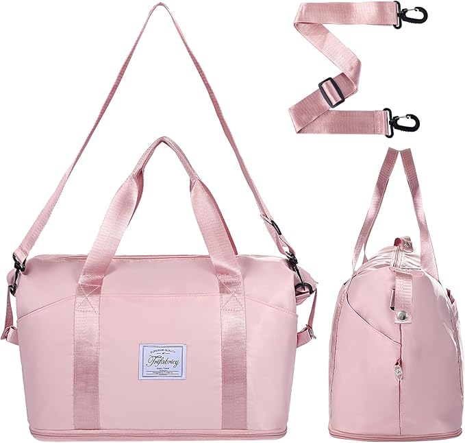 Travel Duffel Bag - Large Shoulder Weekender Overnight Bag, Carry on Bags with Wet Pocket, Waterproof Expandable Duffel Bags with Trolley Sleeve for Sports Travel Gym, Pink