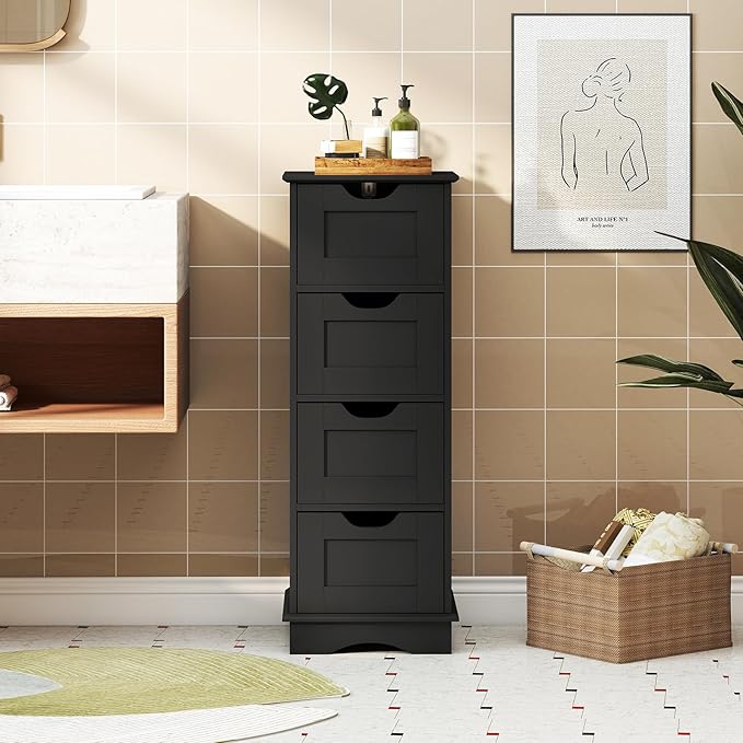 Giantex Bathroom Storage Cabinet with 4 Drawers, 32" Freestanding Storage Organizer Unit with Cutout Handles, Anti-Tipping Device, Narrow Floor Cabinet for Hallway, Living Room, Entryway (Black)