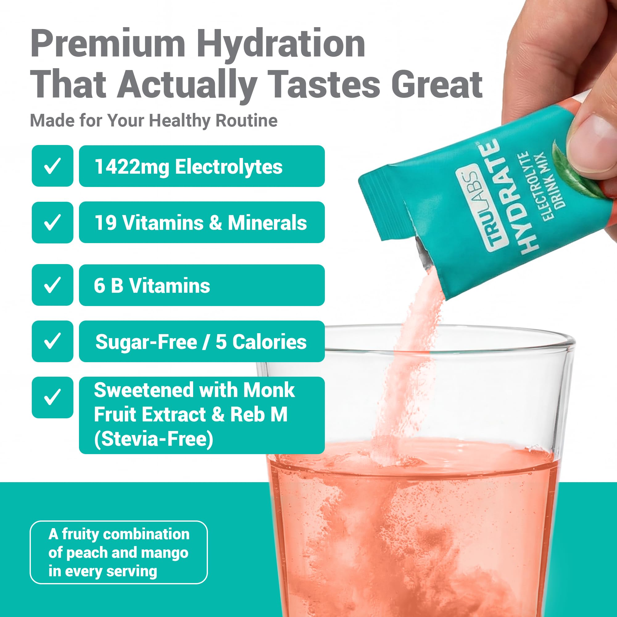 TRULABS Hydrate Electrolyte Drink Mix – Peach Mango Flavor, Sugar-Free Hydration Packets with 1422 mg Electrolytes & 19 Vitamins & Minerals, Monk Fruit Sweetened, On-the-Go Sticks (16 Count)