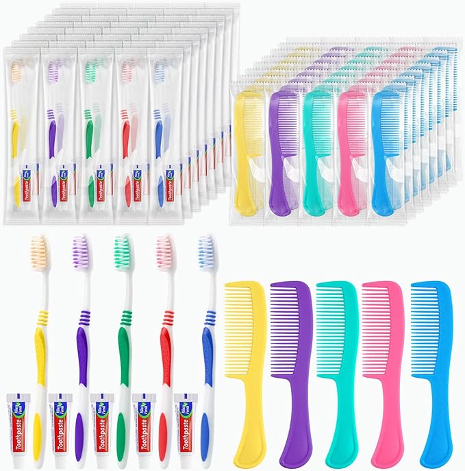 Disposable Toothbrushes with Toothpaste and Comb in Bulk, Individually Wrapped Soft Bristle Travel Size Basic Hygiene Kits, for Travel Hotel Camping Charity Homeless Shelter Donation in 5 colors (100)