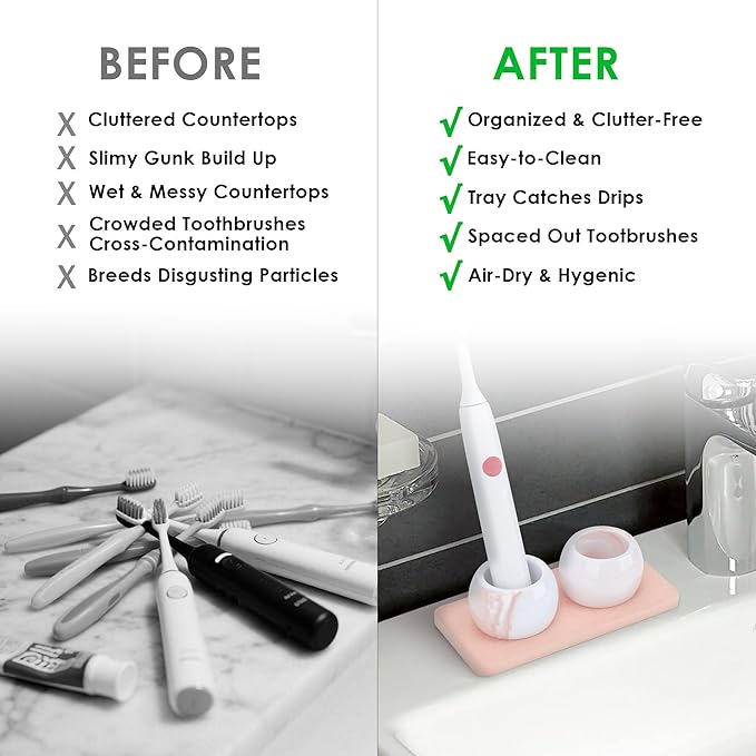 2 Pack Ceramic Toothbrush Holder with Diatomite Toothbrush Tray for Bathroom Shower Countertop Storage Organizer, Small Toothpaste Razor Electric Tooth Brush Head Stand (Pink)