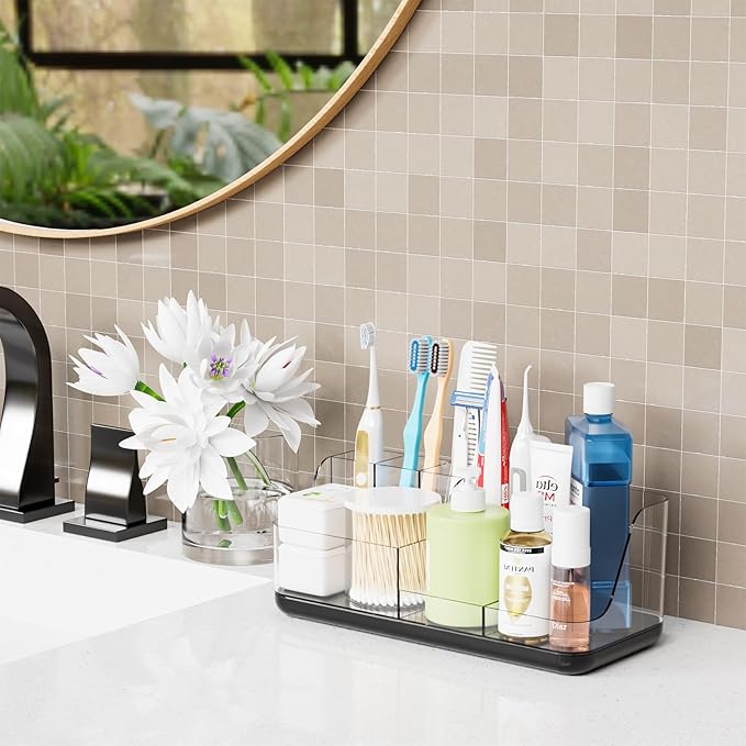 Yieach Mens Bathroom Organizer and Storage,Black Bathroom Sink Caddy Countertop,Large 7 Slot Vanity Bathroom Toiletry Organizers and Toothbrush Holders for Toothpaste,Electric Tooth Brush Organizer