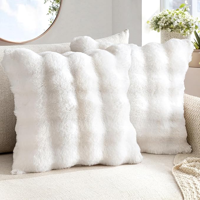 MIULEE Faux Fur Pillow Covers Thick Soft Plush Christmas Throw Pillows Luxury Home Decor for Winter Holiday Couch Bedroom Living Room Sofa,20x20 Inch Pack of 2 White