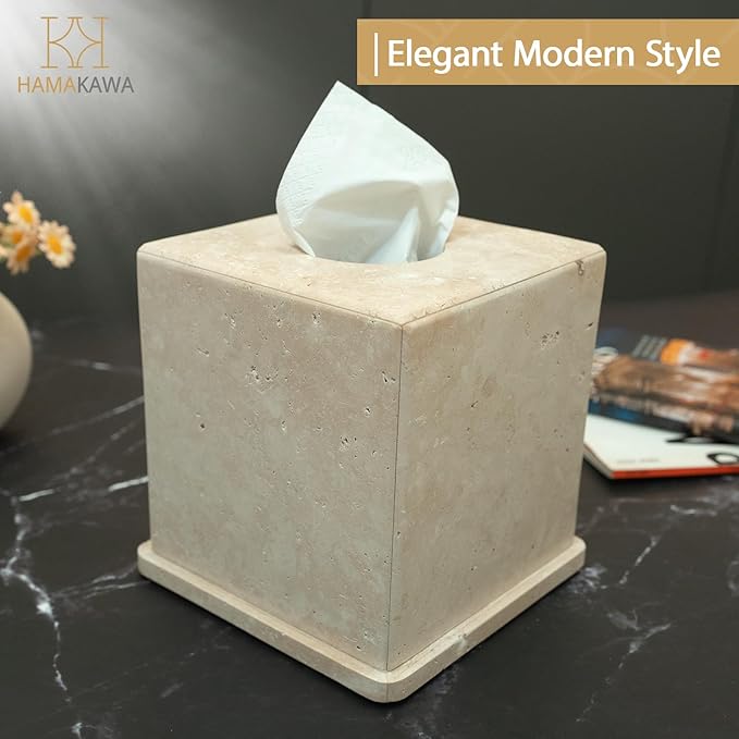 Natural Marble Tissue Box Cover, Beige Tissue Organizer 6 x 6 x 6 Inch, Heavy Stone Decorative Box, Square Tissue Box Holder for Home Decor, Kitchen, Bathroom, Bedroom
