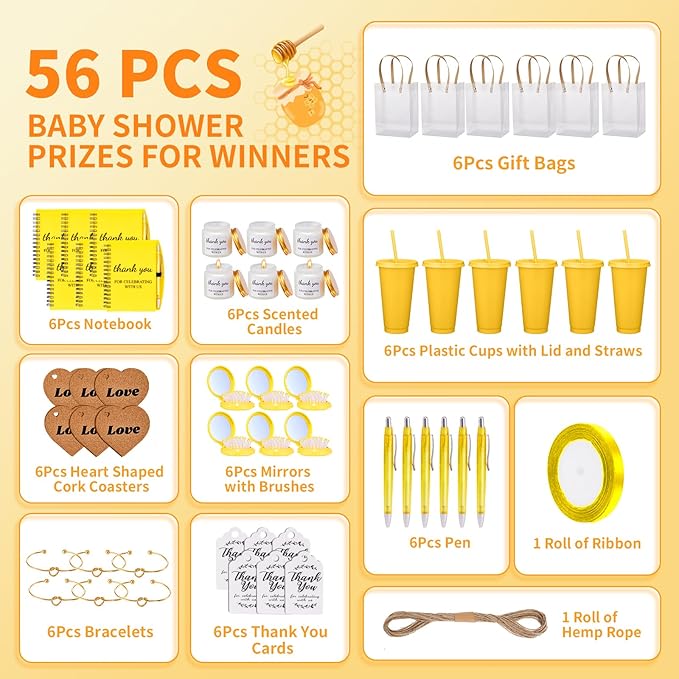56Pcs Baby Shower Prizes for Game Winners Baby Shower Favors Gifts including Plastic Tumbler Notebook Scented Candles Ballpoint Pen Mirrors with Hair Brushes Bracelet Gift Bag (Yellow)