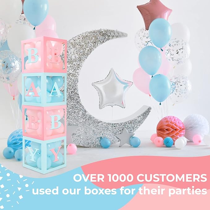 Baby Shower Boxes with Letters – Pink And Blue Boxes with Pink & Blue Balloons – 44-Piece Gender Reveal & Party Decoration Set by Vellax
